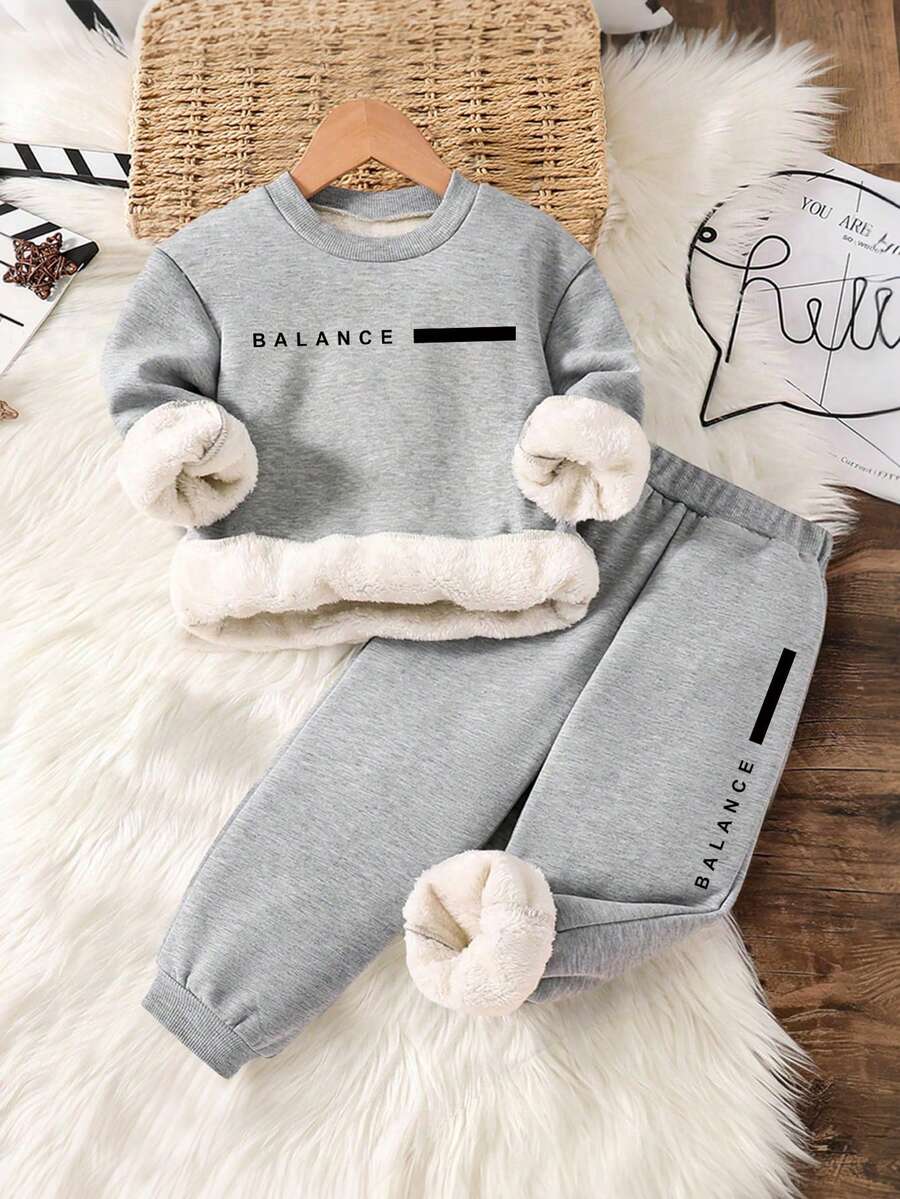 Baby Boy Letter Print Warm Crew Neck Long Sleeve Top And Pants Set - Grey - View 1