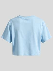 100% Cotton Crop Top T-Shirt With Gothic Lettering Foul Mouthed  , On Wooden Hanger, Glasses, Blue Jeans, Indoor Staircase, Vacation Outfitswomen - 淺藍色 - 查看 3