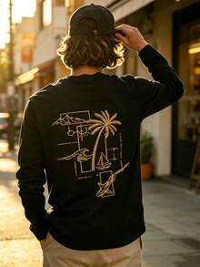 New Men's Casual Relaxed Everyday Versatile Palm Tree Creative Round Neck Long Sleeve T-Shirt - Black - View 6