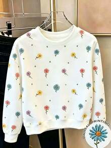 Tween Girl Floral Print Crew Neck Long Sleeve Sweatshirt - White - View 1