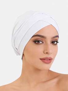 1pc Women's Double Cross Elastic Beanie Base Cap Hair Bonnet Headscarf Hat Suitable For Daily Use - White - View 46