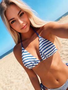 Premium European Halter Bikini With Striped Wavy Split Design, Stylish Color-Block Swimwear Perfect For Hot Springs, Pool Parties And Beach Vacations - Royal Blue and White - View 2