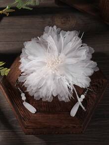 3件組女款仿鴕鳥羽毛與雪紡珠飾新娘婚禮髮飾套組，髮夾與耳環 - 頭飾 +耳環 - 查看 4