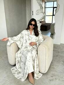 Floral Print Open Front Abaya With Matching Hijab Set, Loose Long Sleeve Modest Kaftan Robe, Muslim Women Size R - Multicolor - View 7
