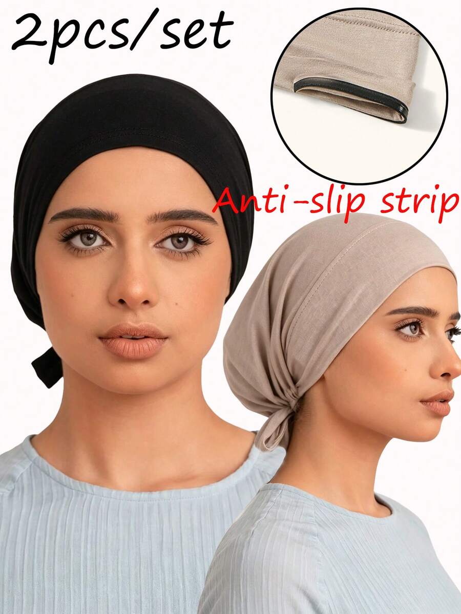 2PCS Women's Solid Color Non-Slip Elastic Band Base Cap Adjustable Scarf Hat Suitable For Daily Wear