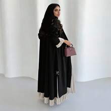 Hafizah Gaun Wanita Abaya Dubai Arab Sederhana, Kardigan, Pakaian Luar Panjang, Lipit, Patchwork - Hitam - View 4