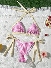 Sunny Chic 2-Piece Bikini Set - Sexy Pink Plaid Swimwear With Yellow Tie And Halter Neck Design, Perfect For Beach And Pool Vacation Summer - Multicolor - View 3
