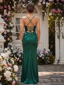 HOMEYEE Vestido Longo Ajustado com Espinha de Peixe Verde Escuro para Mulheres, Vestido de Festa com Fenda Lateral Sereia para Ocasião Formal, Trabalho Pesado, Casamento, Outono - Verde Escuro - Visão 3