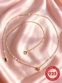 1pc S925 Sterling Silver Mini Four-Leaf Clover Full Rhinestone Collarbone Necklace, Simple Luxury Elegant Elegant Artistic Cool Delicate Personalized Mori Style Fresh Niche Lucky Clover Adjustable Versatile High-End Neck Jewelry Casual Daily Matching Sweet Fashion Accessory Gift - Four-leaf Clover - View 3