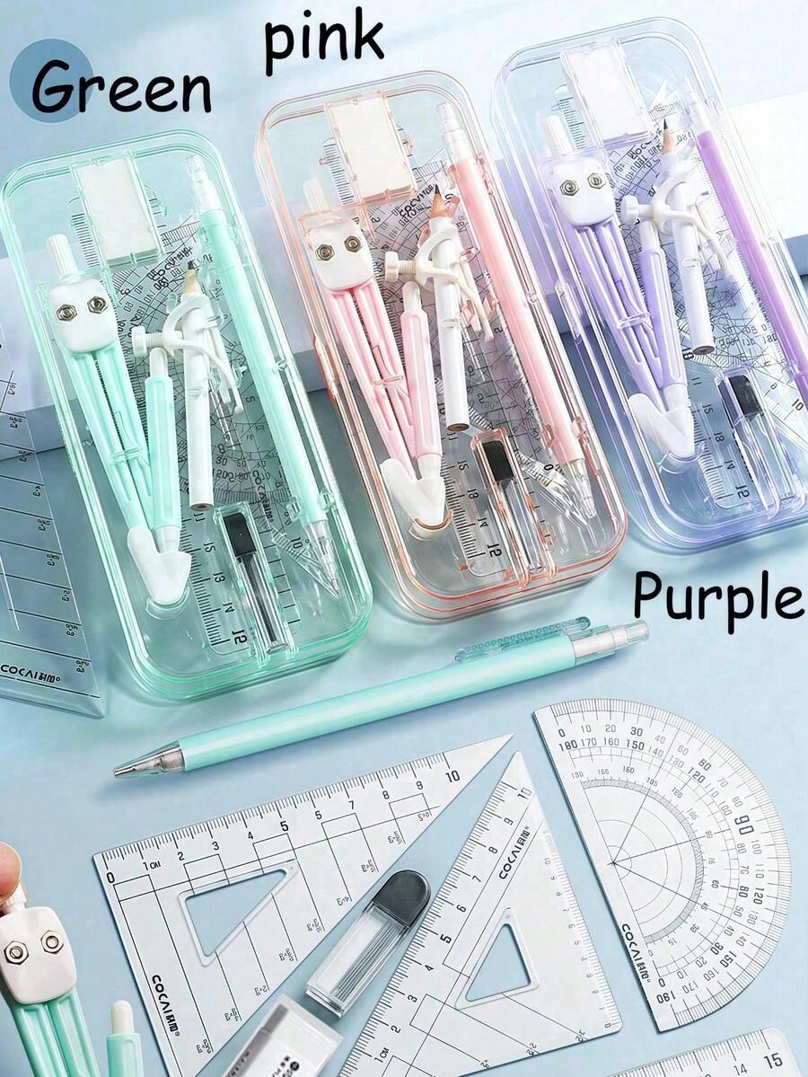 1 Set Math And Geometry Tool Kit, 9pcs Office Supplies Set With Storage Box, Includes 2 Triangle Rulers, Protractor, Straight Ruler, Eraser, Pencil And Mechanical Pencil, Compass Tool - Sets - View 1