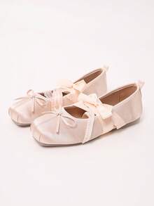 Pink Satin Bow Flat Ballet Shoes For Women, Square Toe Lace Cross Strap Gentle Style Daily Low Vamp Pumps - Pink - View 5