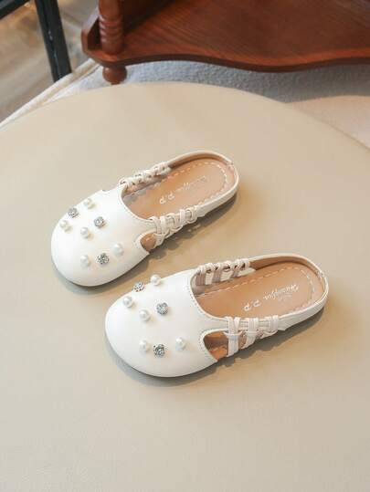 Toddler Girls Pearl And Rhinestone Mules - Elegant Open-Back Slip-On Shoes With Closed Toe - Soft Sole Casual Princess Flats For Spring & Summer