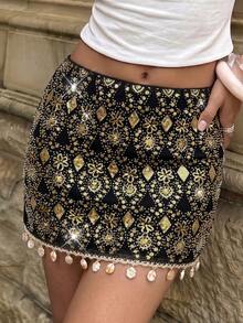 Women's Fitted Mini Skirt, Sequin Geometric Pattern, Shell Bead Fringe Hem, Suitable For Hot Girl Club Party And Music Festival - Black - View 4