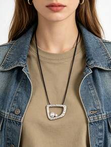 1pc Minimalist Versatile Textured Asymmetric Square Faux Pearl Pendant Necklace, Bohemian Style Black Brown Wax Cord Long Clavicle Chain, Vintage Chic Unique Design, Unisex For Men Women Couples, Suitable For Daily Wear, Dating, Party, Vacation, Gift - Wax Rope - View 5