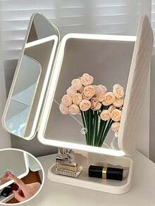 1pc 3-Fold LED Makeup Mirror With Light, Touch Dimming 3 Color Modes, 2X Magnification, 180° Rotatable Foldable Desktop Mirror With Storage Tray, Portable Travel Beauty Gift, Suitable For Women Bedroom Dorm - LED Tri-fold Cushion Makeup Mirror - View 2