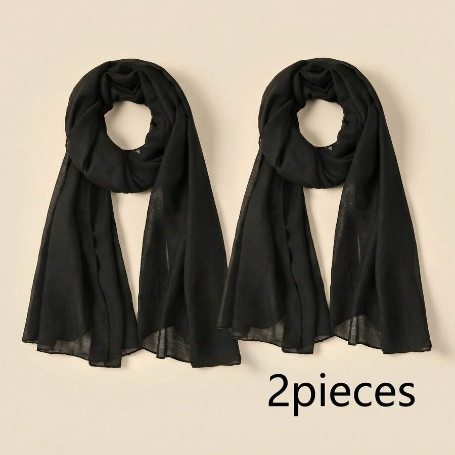 1pc Cotton Solid Color Arabic Long Headscarf Sun Protection Scarf Suitable For Mosque Use Modest Hijab - Black 2-pack - View 1