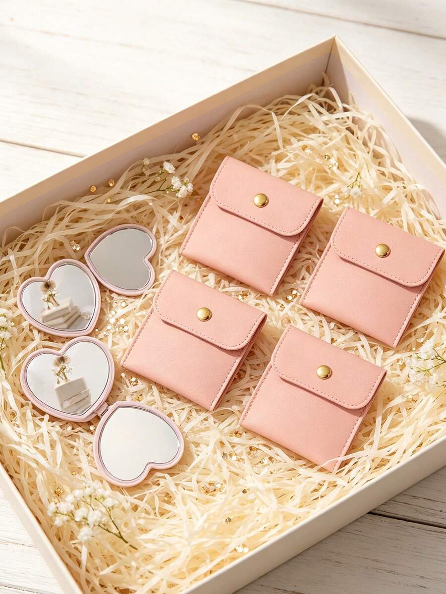 Conjunto de Presente de Bolsa de Joias, Inclui (Bolsa + Espelho), Espelho de Coração Rosa, Bolsa de Armazenamento de PU Rosa, Bolsa de Armazenamento, Bolsa de Joias, Presente Perfeito para Noiva, Design em Formato de Coração, Espelho de Maquiagem de Coração Rosa, Espelho de Maquiagem de Plástico, Presente de Festa de Casamento, Acompanha Bolsa de Armazenamento de PU, Presente de Dama de Honra, Suprimentos de Casamento para Convidados, Adequado para Uso Diário, Passeios, Viagens, Temporada de Formatura, Presente de Volta às Aulas. - Multicolorido - Visão 1
