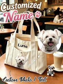 Personalized Pet Photo And Name Tote Bag, Large Capacity Shoulder Bag, Suitable For Work, Travel And School. Portable, Multi-Functional, Universal, Lightweight And Practical. Suitable For Anniversary, Holiday/Vacation And Other Occasions. Versatile, Cute, Simple And Interesting. Perfect Birthday, Anniversary And Valentine's Day Gift For Pet Lovers. - Multicolor - View 6
