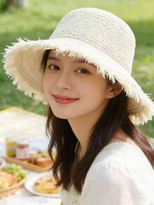 1pc Women's Straw Hat, Spring/Summer Beach Seaside Travel Sun Protection Vacation Wide Brim Sun Hat, Bohemian Style - Beige - View 3