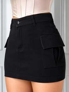 Graphite And Blue Cargo Denim Skirt With Side Pockets - Negro - Ver 4