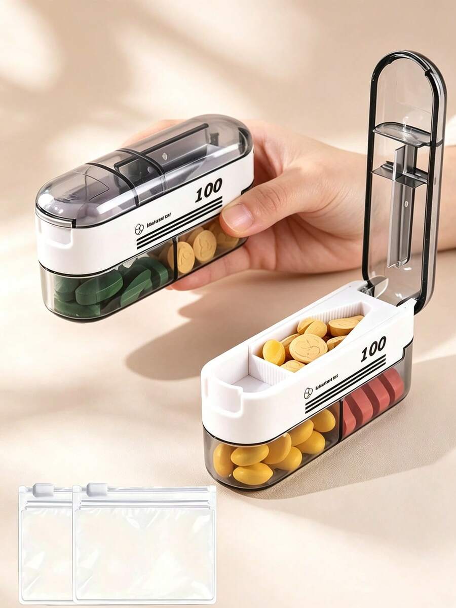 New Portable Pill Cutter & Pill Box 3-In-1 Multifunctional Mini Pill Splitter, Convenient Pill Storage Box, Easy-To-Use Design, Plastic Material, Simple To Operate, Suitable For Daily Medication And Travel, Ideal For Office Workers, Students, Travelers, Seniors, Household Essential, Perfect Choice For Birthday Gift, Back To School Gift, Holiday Gift, Teacher's Day Gift, Mother's Day Gift And Easter Gift - Multicolor - View 1