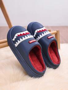 Men's Shark Design Funny Winter Indoor Slippers, PU Leather Thick Sole Warm Dorm Slippers - Navy Blue - View 2