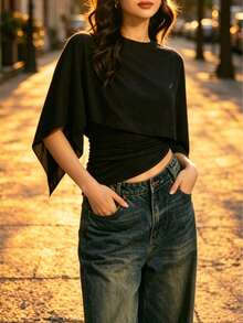 2026 Summer Women's Sexy Off-Shoulder Asymmetric Draped Sleeve Chiffon Cropped Top, Suitable For Party, Date, Vacation - Black - View 4