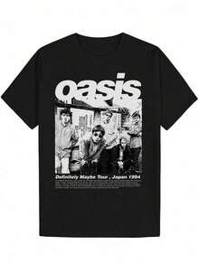 100% Cotton Y2K Loose Short Sleeve Tee Unisex Men's Vintage Graphic T-Shirt - Black T-Shirt With Bold "Oasis" Print - Lightweight T-Shirt - Black - View 1