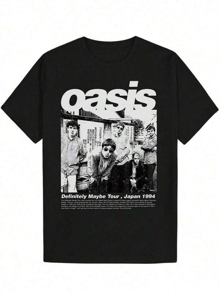 100% Cotton Y2K Loose Short Sleeve Tee Unisex Men's Vintage Graphic T-Shirt - Black T-Shirt With Bold "Oasis" Print - Lightweight T-Shirt - Black - View 1