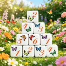 Juego de 6 dados D6 con estampado de mariposa, dados de juego de cubo de seis caras blancos, dos estilos de patrones de mariposa colorida y mariposa floral, regalo de juego de escritorio novedoso para fiestas, adecuado para niñas y jugadores - Multicolor - Ver 1