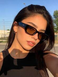1pc Women's Mini Metal Line Decor Glossy Solid Color PC Frame Y2K Slim Rectangular Glasses, Suitable For City Outings, Dates, All-Season Versatile Styling - Multicolor - View 1