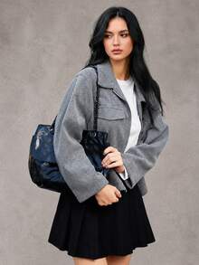 Mantel Wanita Ukuran Besar, Jaket Lengan Pendek dengan Kerah, Cocok untuk Kegiatan Sehari-hari dan Perjalanan. - Grey - View 5
