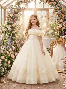 Vestido largo de graduación para niñas preadolescentes sin mangas con organza plisada, lentejuelas y malla, adecuado para la graduación escolar, diadema no incluida - Champán - Ver 2