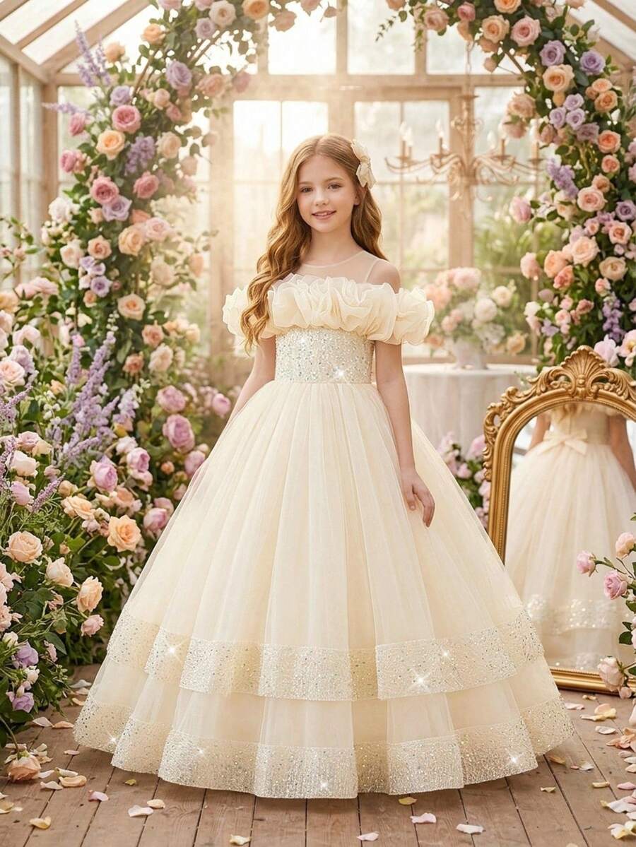 Tween Girls Sleeveless Pleated Organza Sequin Mesh Long Birthday Flower Girl Dress, Suitable For Graduation Prom, Headband Not Included - Champagne - View 1
