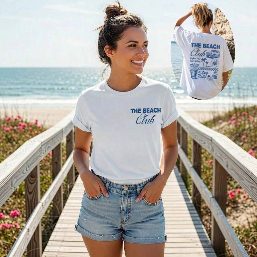 Sommer 2026 The Beach Club Shirt - Küsten-Rückendruck Grafik T-Shirt, Sommer Strandurlaub Oberteil, Lässig, Kostenloser Versand S–7XL - Weiss - Übersicht 1
