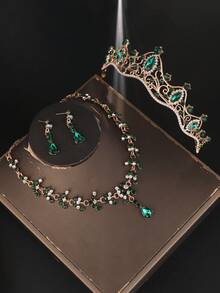 4pcs/Set Women Bridal Accessories Rhinestone Crown + Necklace + Earrings 4-Piece Wedding Jewelry Set For Wedding Dress, Also Suitable For Gold Ball, Wedding Party, Gathering - Crown + Necklace - View 4