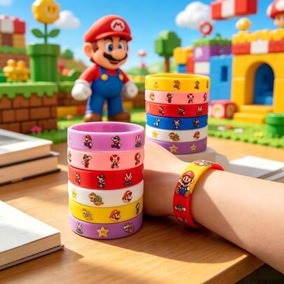 SUPER MARIO BROS. 1 Set/6pcs Cartoon Collectible Silicone Printed Bracelets, Party Favor Wristbands, Colorful Accessories, Theme Party Small Gifts, Sports Casual Silicone Wristbands, Party Supplies, Daily Wear, Collectible Hobby Holiday Decoration Props