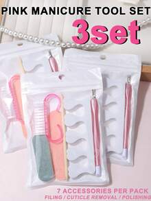 6pcs Pink Manicure & Pedicure Tool Set, Includes Nail File, Sponge Polishing Strip, Nail Brush, Dead Skin Trimmer, Wooden Stick And Foam Toe Separator, Portable Home Use, With Laser Gold Texture Packaging Storage Bag, DIY Nail Care Set - Black - View 11