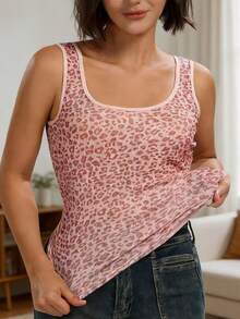 2pcs Women Leopard Print & Solid Color Elastic Rib Knit Camisole, Round Neck Sleeveless Tank Top, Casual Basic Vest - Multicolor - View 3