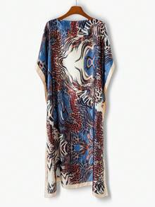 1pc Women's Personalized Tiger Print Faux Silk Pullover Robe Casual Beach Cover-Up For Spring/Summer Satin Shawl, Holiday - Multicolor - View 7