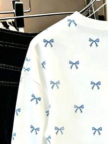 Tween Girl Bow Print Crew Neck Long Sleeve Sweatshirt - White - View 5