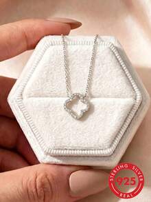 1pc Sterling Silver Four-Leaf Clover Hollow Zirconia Inlay Pendant Necklace, Delicate Minimalist Design, Versatile Choker Necklace, Refreshing For All Seasons Valentines - Necklace - View 11