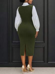 Vestido de manga farol de color block de longitud media para mujer, ajuste generoso para diversos tipos de Body, diseño de cuello con caída de color block extra larga, silueta ajustado que cintura la cintura resaltando las curvas, estilo minimalista y elegante adecuado para uso diario, ropa de trabajo y ocasiones - Multicolor - Ver 5