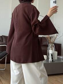 女款時尚休閒圓領喇叭袖下擺開衩抽繩設計收腰上衣，純色抽繩開衩拉鍊套頭上衣，日常約會秋冬款 - 酒紅色 - 查看 2