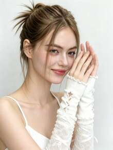 1 Pair White Lace Ribbon Fingerless Wrist Cuffs, Ruffle Hollow Sleeve Cuffs, Suitable For Wedding, Lolita, Cosplay, Party, Women's Daily Fashion Outfit Accessory - A - View 6