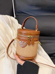 Vintage French Style Cylinder Handbag Summer New Artificial Leather Patchwork Mini Bucket Bag Niche Shiny Patent Leather Trim Dual Zipper Design With Metal Rivet Nameplate Decoration Short Handle Detachable Long Shoulder Strap Hand-Carry Crossbody Dual-Use Women's Bag Vacation Travel Beach Commute Versatile Exquisite Petite Lightweight Woven Bucket Bag - Brown - View 6