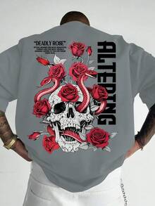 Camiseta Masculina Caveira e serpente de rosa vermelha Casual Esportiva Streetwear Y2K com Estampa de Elementos de Caveira, Rosa e Cobra, da Moda, de Manga Curta - Cinza - Visão 2