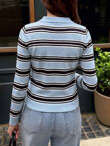 Yepolly-Pop Women's Autumn Polo Collar Long Sleeve Button Front Striped Knit Top, Slim Fit Light Blue, Vintage Casual School Business Outfit - Multicolor - View 5
