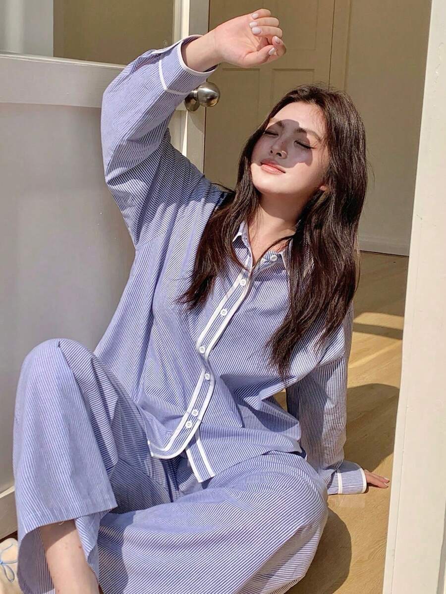 Plus Striped Color Block Long Pants And Loose Open Front Pajama Set For Spring/Autumn - Black - View 1