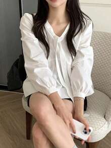 Korean Style Minimalist Early Autumn New Ribbon Doll Long Sleeve Blouse White - White - View 3